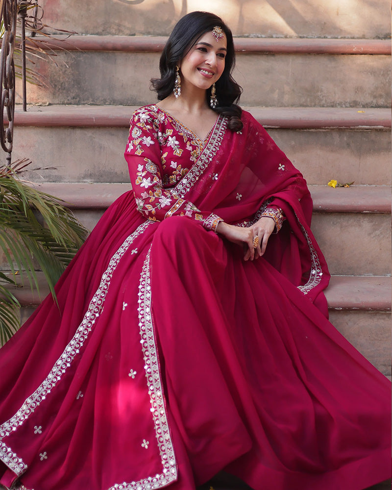 Rani Pink Color Faux Blooming Zari Embroidered Work Gown