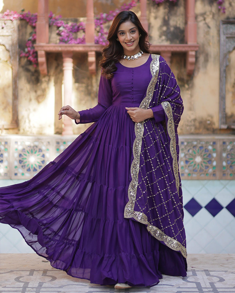 Purple Color Star Georgette Gown With Embroidered Dupatta