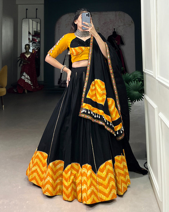 Mustard And Black Color Pure Cotton Navratri Lehenga Choli