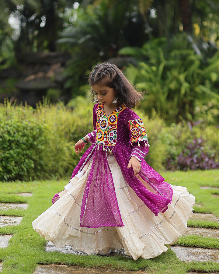 White Color Kora Cotton Lehenga With Purple Kurti