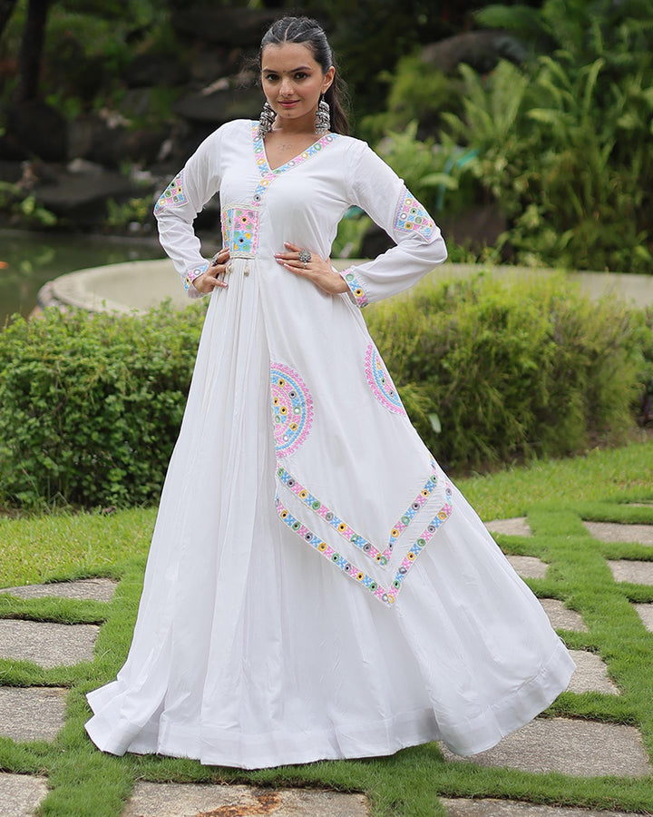 White Color Rayon Kutchi Style Navratri Gown