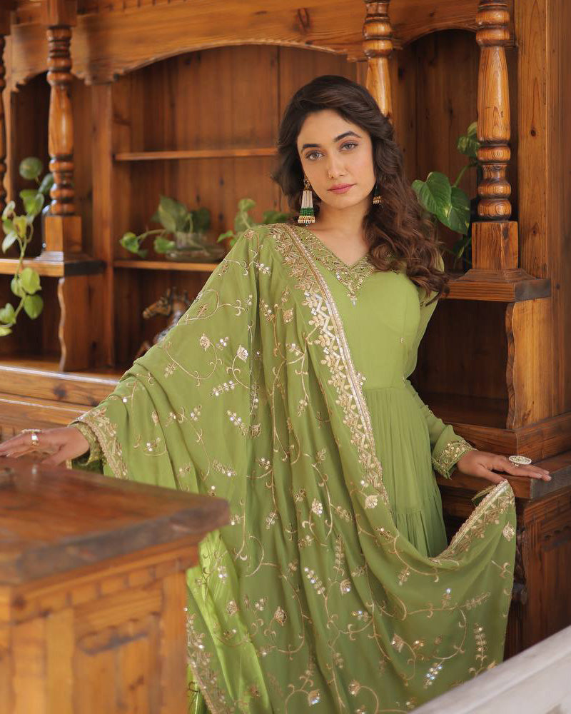 Parrot Green Color Faux Georgette Designer Anarkali Gown With Dupatta