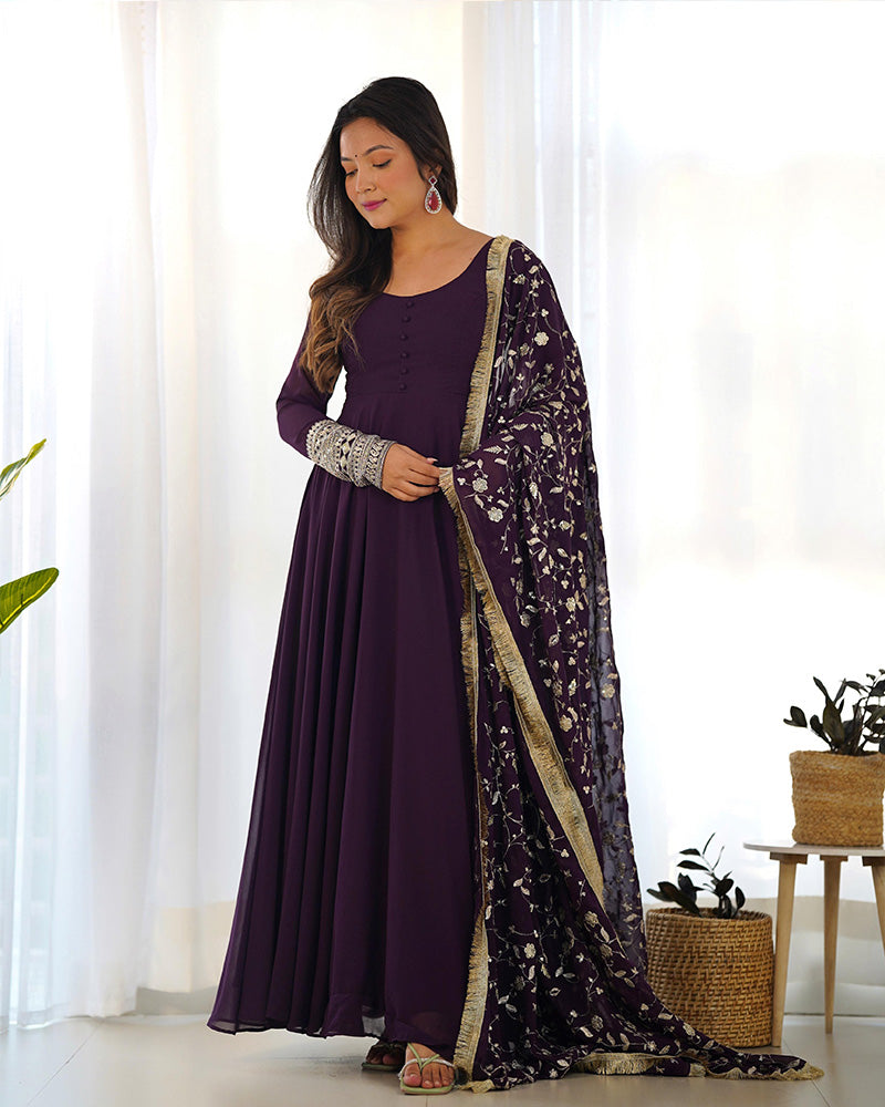 Wine Color Soft Georgette With Heavy Embroidery Work Dupatta Anarkali Suit