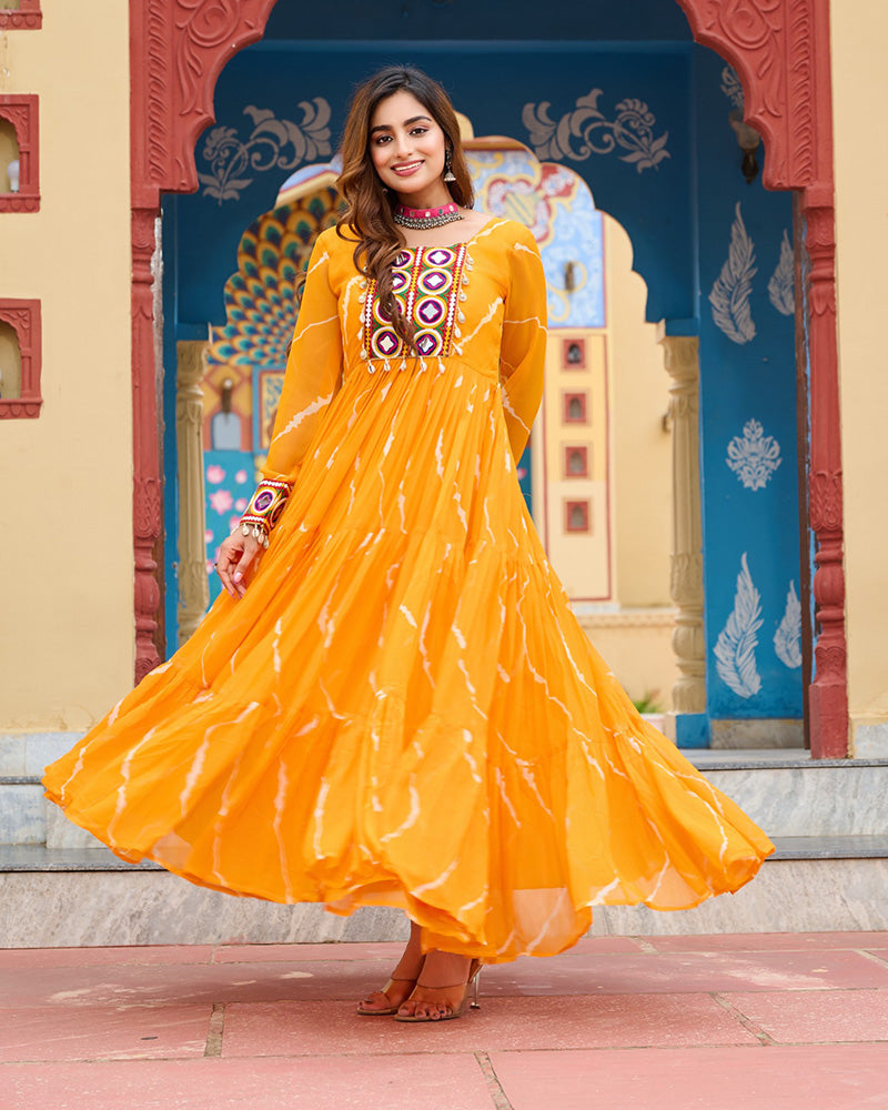 Yellow Color Georgette Laheriya Print Navratri Gown