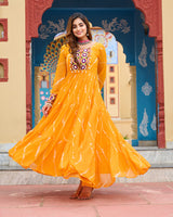 Yellow Color Georgette Laheriya Print Navratri Gown