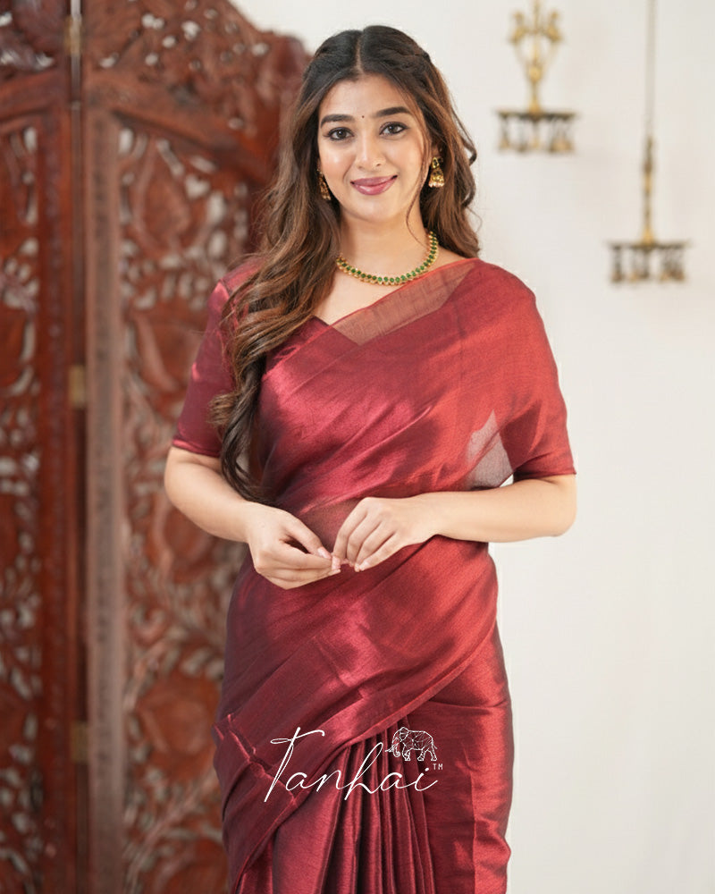Maroon Color Handloom Raga Tissue Cotton Saree