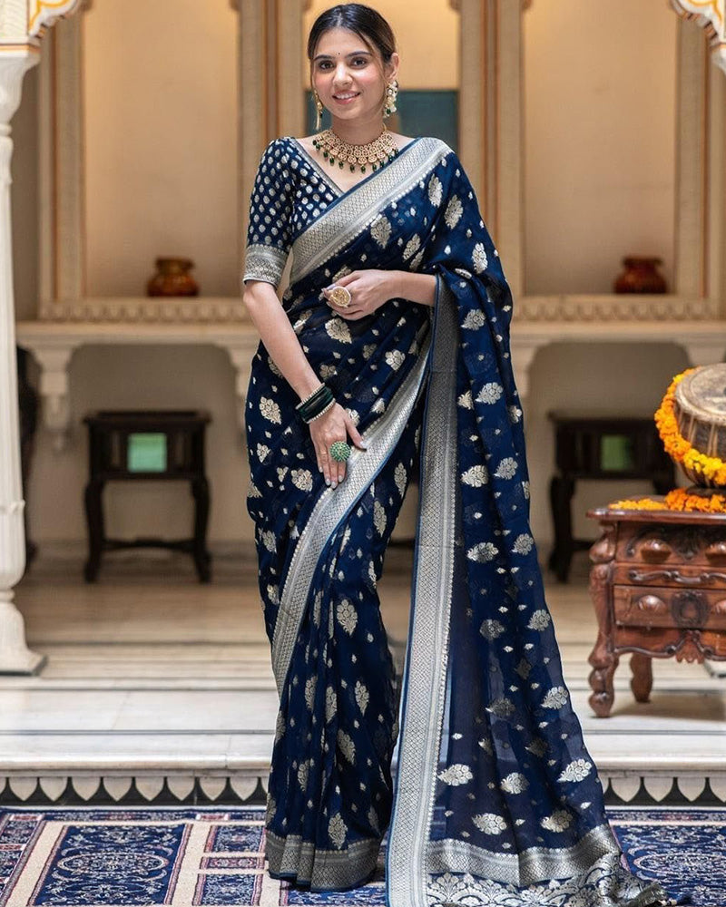 Navy Blue Color Banarasi All Over Jacquard Soft Silk Saree