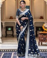 Navy Blue Color Banarasi All Over Jacquard Soft Silk Saree