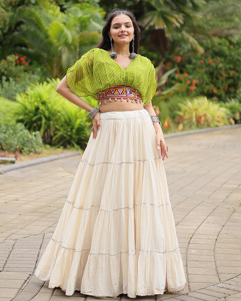 White Color Kora Cotton Lehenga With Parrot Green Choli