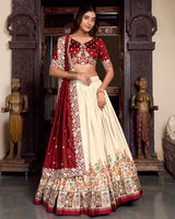 Off White Color Tussar Silk Printed And Foil Work Lehenga Choli
