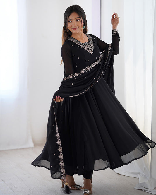 Black Color Georgette Embroidered Three Piece Anarkali Suit