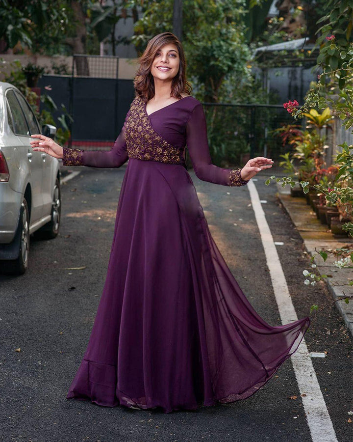 Beautiful Wine Color Designer Embroidery Gown