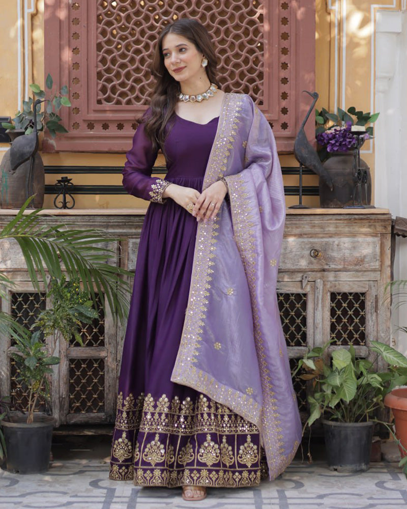 Wine Color Star Georgette Sequence Embroidered Gown
