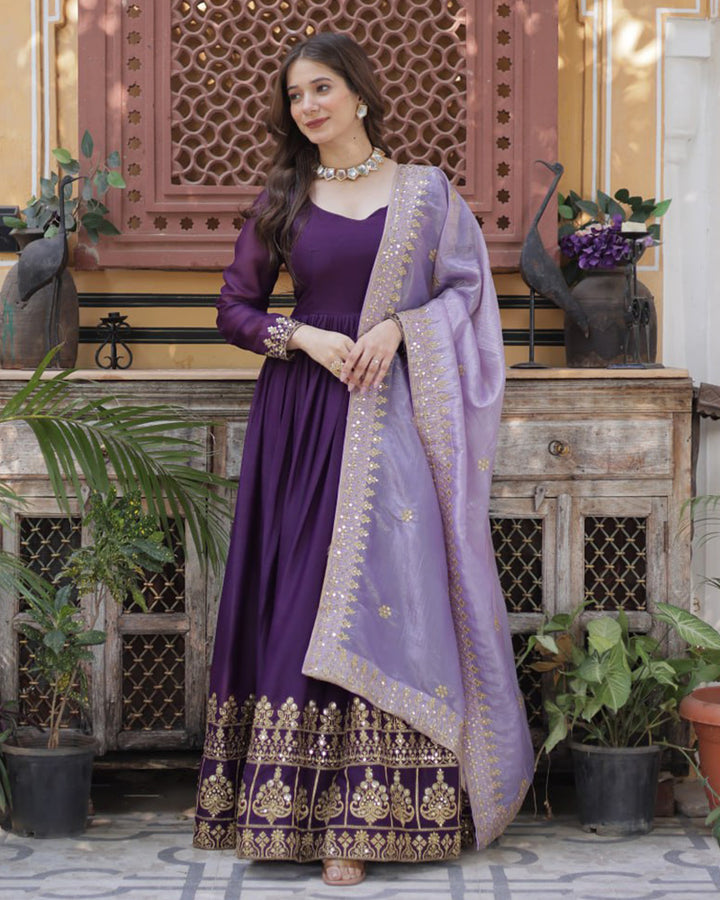 Wine Color Star Georgette Sequence Embroidered Gown