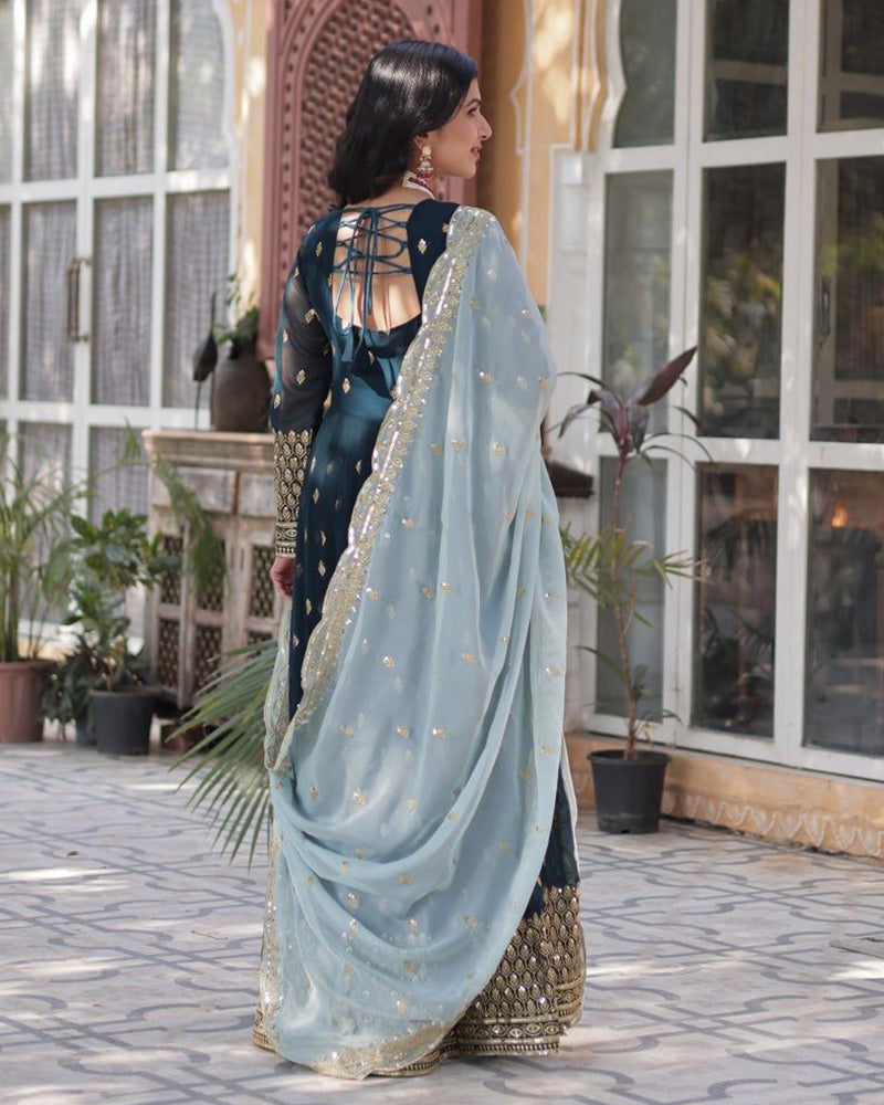 Viking Blue Color Faux Blooming Zari Embroidered Work Gown