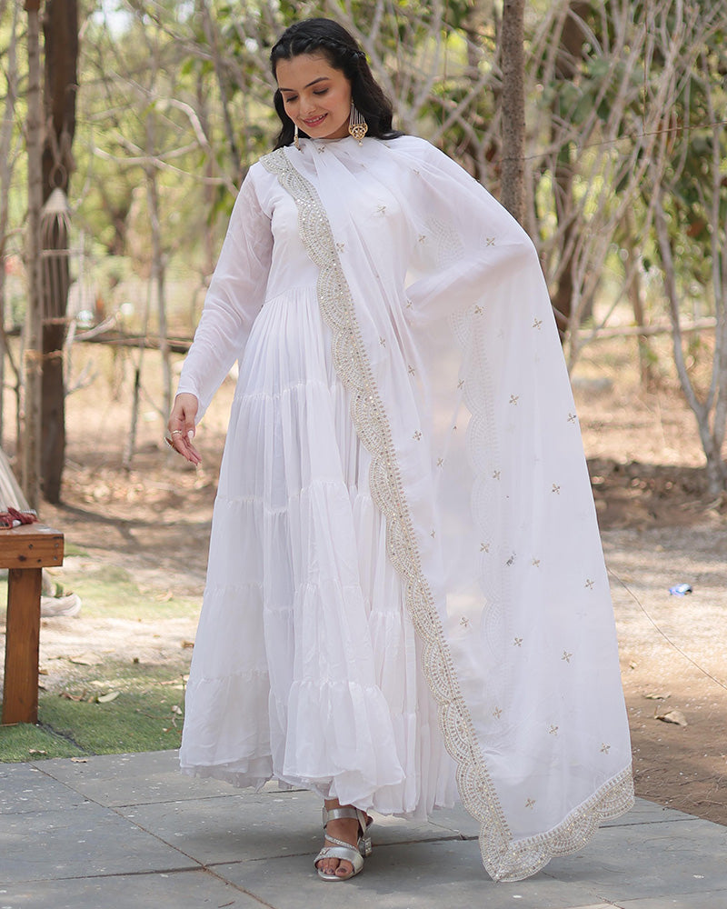 White Color Designer Embroidered Gown With Dupatta