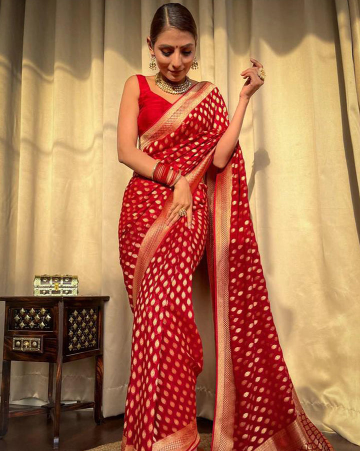 Beautiful Red Color Banarasi Jacquard Weaving Saree