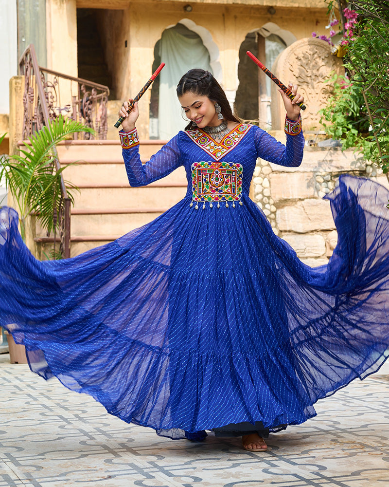 Vibrant Blue Kutchi Work Laheriya Printed Anarkali Gown