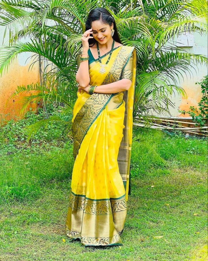 Beautiful Yellow And Green Color Soft Silk Saree