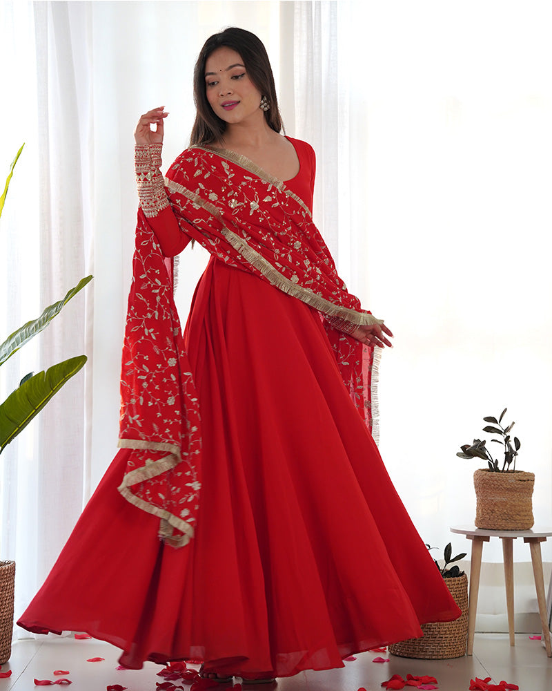 Red Color Soft Georgette Anarkali Gown With Heavy Embroidery Work Dupatta