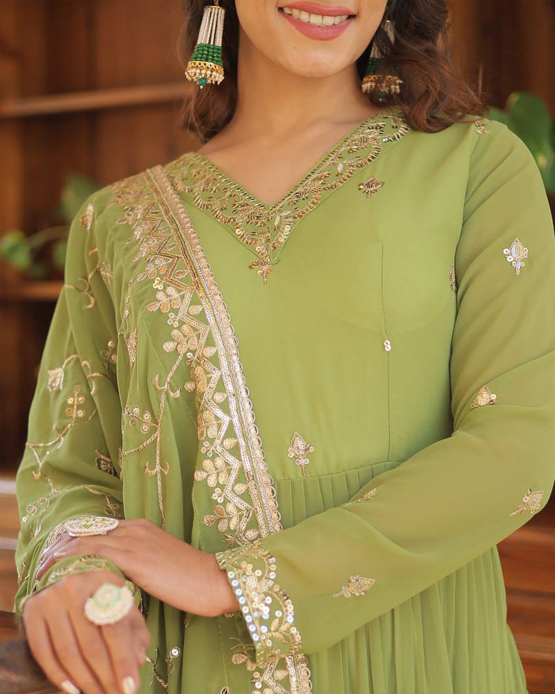 Parrot Green Color Faux Georgette Designer Anarkali Gown With Dupatta TANHAI Parrot Green Color Faux Georgette Designer Anarkali Gown With Dupatta TANHAI