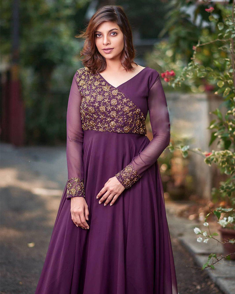 Beautiful Wine Color Designer Embroidery Gown