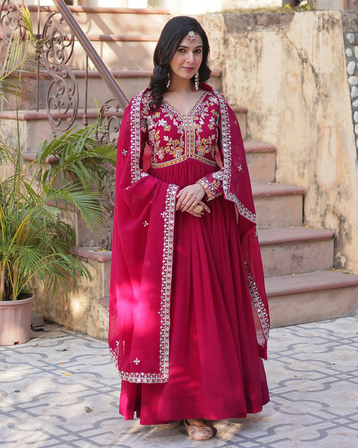 Rani Pink Color Faux Blooming Zari Embroidered Work Gown