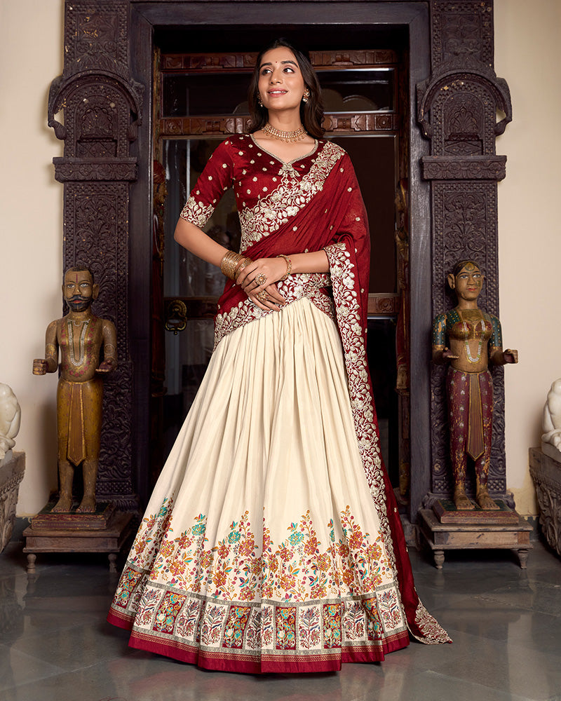 Off White Color Tussar Silk Printed And Foil Work Lehenga Choli