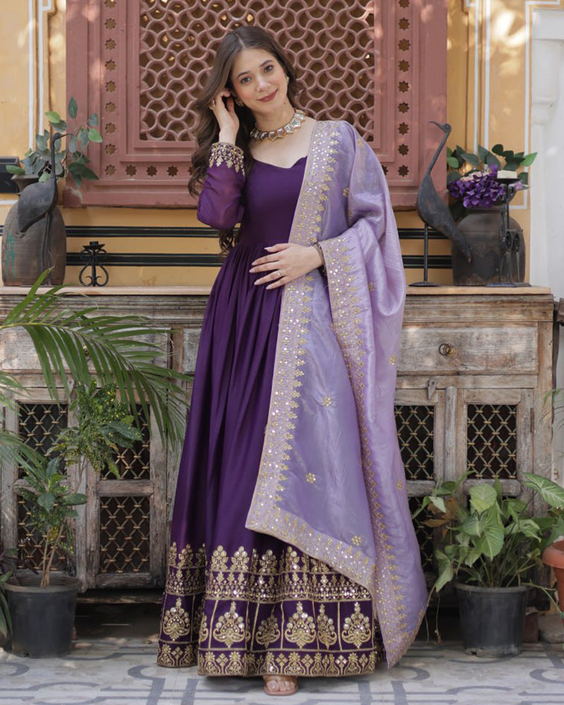Wine Color Star Georgette Sequence Embroidered Gown