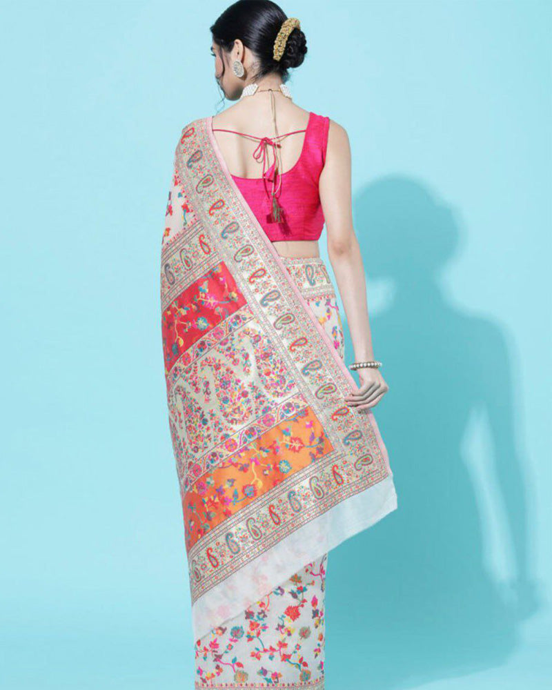 Designer White Colour Banarasi Soft Silk Saree