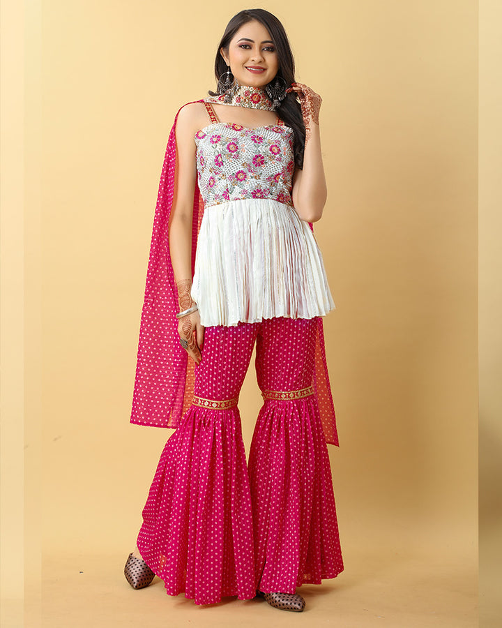 Rani Pink Color Georgette Embroidery Work Three Piece Sharara Suit