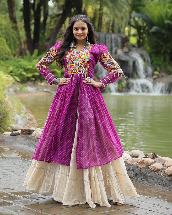 White Color Kora Cotton Lehenga With Purple Kurti