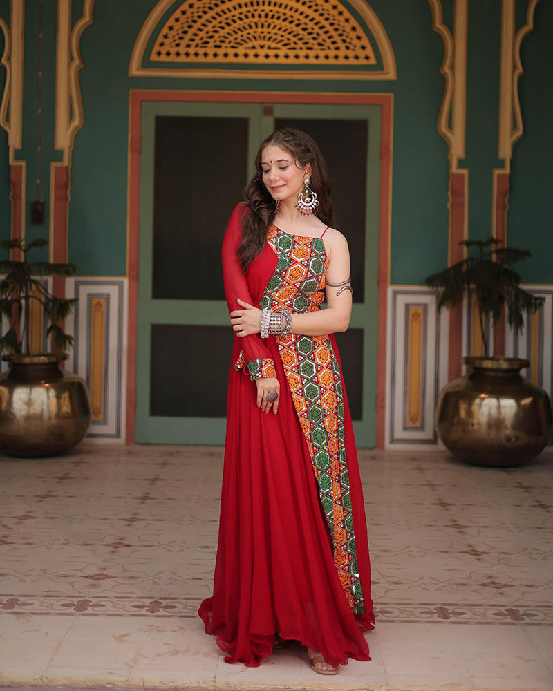 Red Color Faux Blooming Navratri Gown