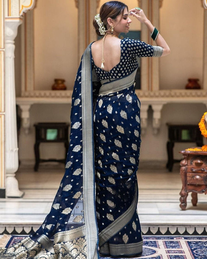 Navy Blue Color Banarasi All Over Jacquard Soft Silk Saree