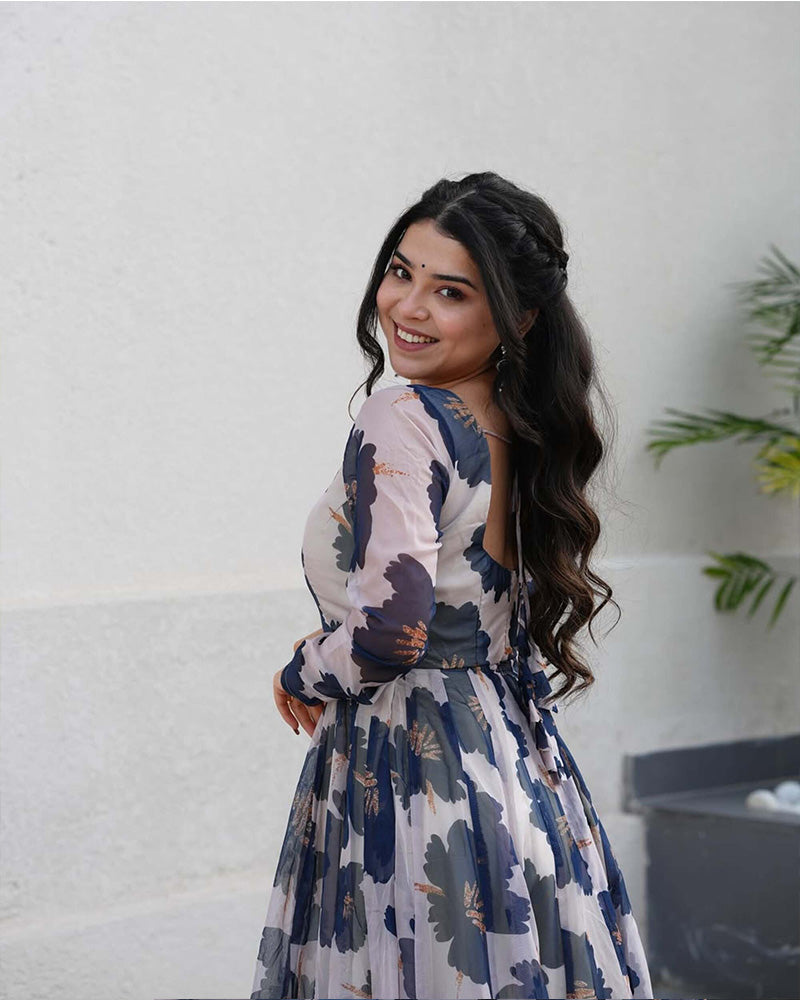 Blue Color Flower Print Tabby Organza Anarkali Suit