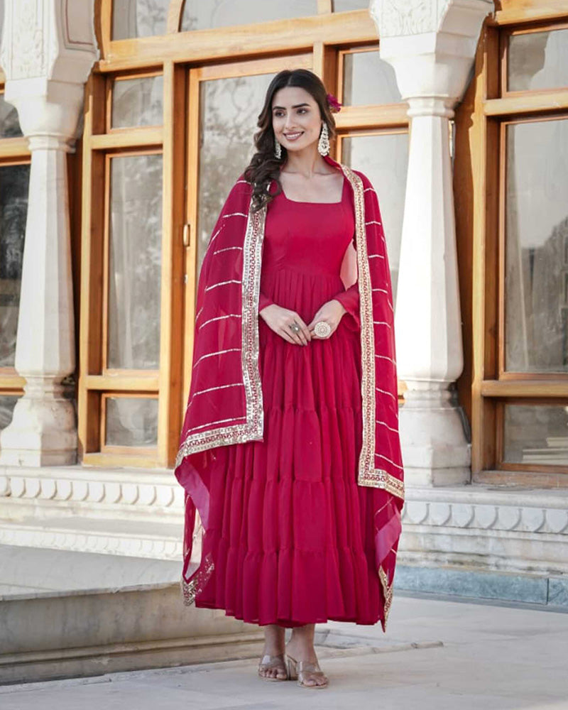 Rani Pink Color Five layer Georgette Anarkali Gown With Dupatta