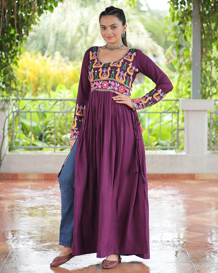 Wine Color Rayon Gamthi Work Navratri Kurti