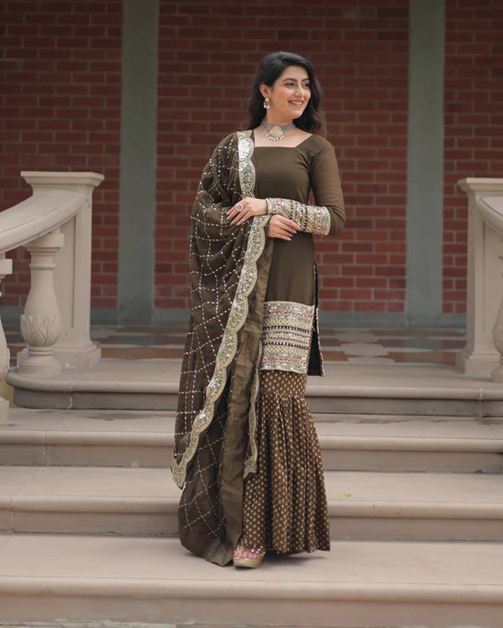 Mehndi Color Georgette And Jacquard Sharara Suit