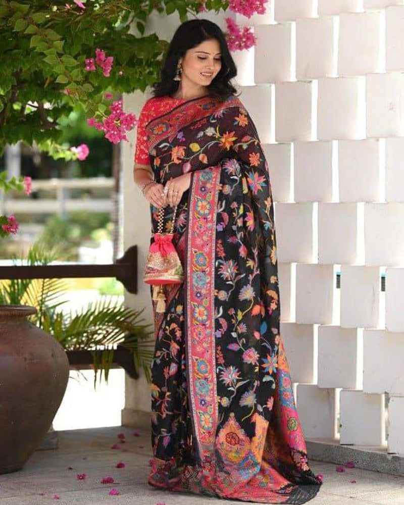 Black Colour Banarsi Soft Silk Saree