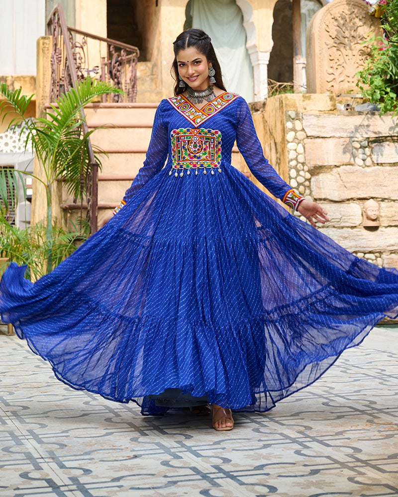 Vibrant Blue Kutchi Work Laheriya Printed Anarkali Gown