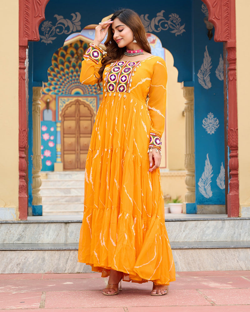 Yellow Color Georgette Laheriya Print Navratri Gown