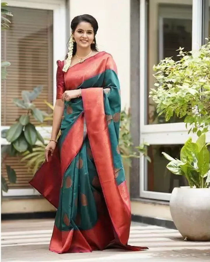 Rama Color Banarasi Jacquard Soft Silk Saree