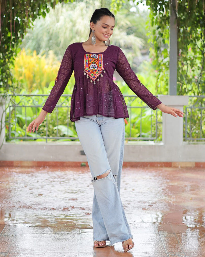 Wine Color Georgette Schiffli Work Navratri Kediya