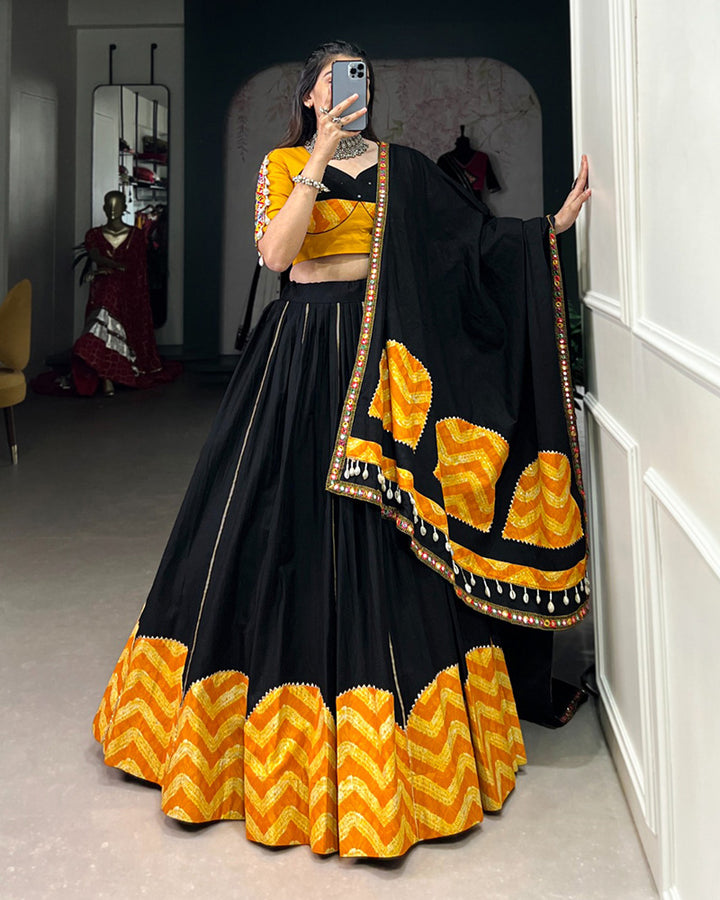 Mustard And Black Color Pure Cotton Navratri Lehenga Choli