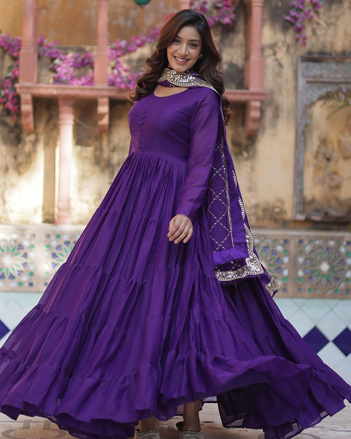 Purple Color Star Georgette Gown With Embroidered Dupatta