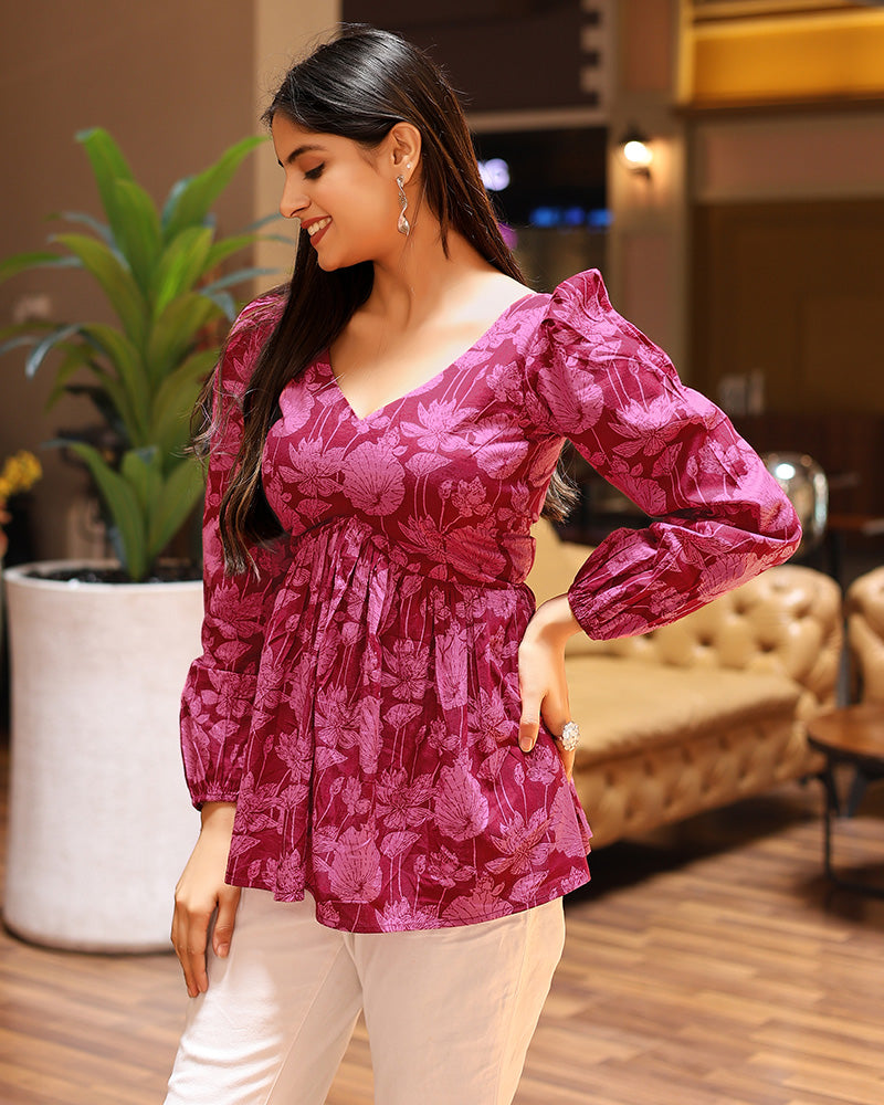 Rani Pink Color Pure Cotton Floral Printed Tunic