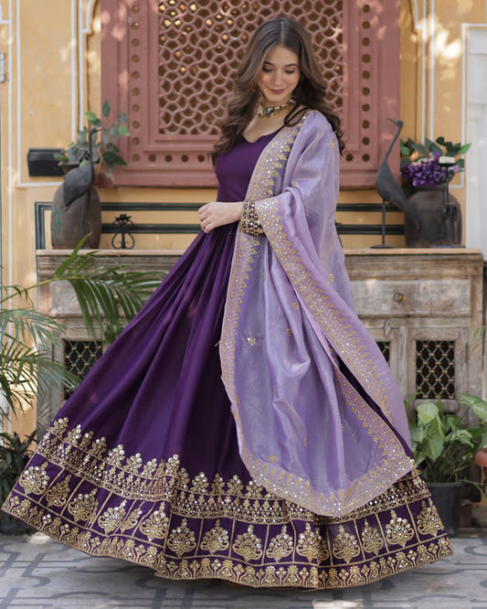 Wine Color Star Georgette Sequence Embroidered Gown