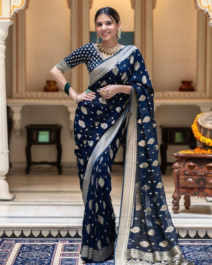 Navy Blue Color Banarasi All Over Jacquard Soft Silk Saree