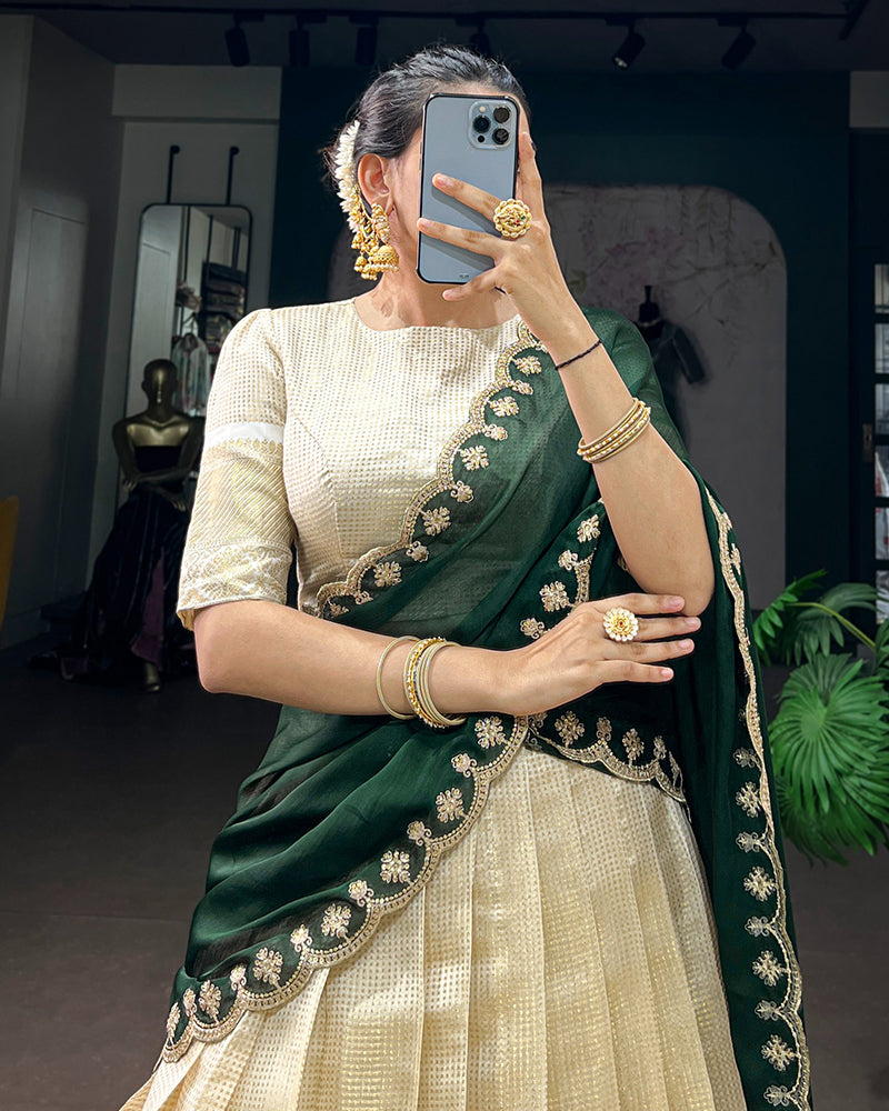 Green Color Jacquard Chex Half Saree