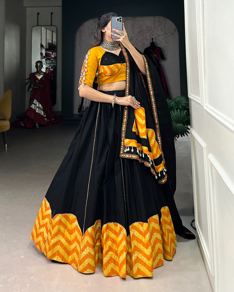 Mustard And Black Color Pure Cotton Navratri Lehenga Choli